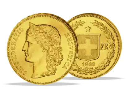 20 Sfr „Helvetia“: Die ursprünglichen goldenen 20 Schweizer Franken Münzen wurden vor mehr als 100 Jahren geprägt und sind nicht nur in der Schweiz begehrt. Weltweit zählen die Schweizer Goldmünzen, nicht zuletzt durch ihr schönes Motiv, zu den beliebtesten  - Foto:  	Emporium-Merkator Münzhandelsgesellschaft mbH