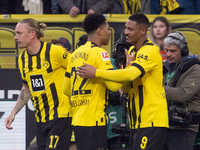 Freut sich über sein Tor zum 2:0 für Dortmund: Felix Nmecha - Foto: Bernd Thissen/dpa