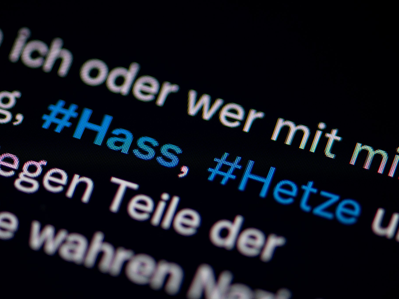 Auf dem Bildschirm eines Smartphones sieht man die Hashtags Hass und Hetze in einem Twitter-Post. - Foto: Fabian Sommer/dpa