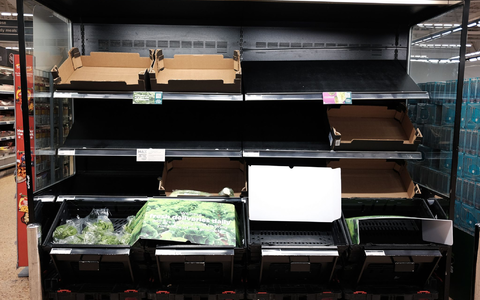 Leere Obst- und Gemüseregale in einem Supermarkt. Mehrere Supermarktketten in Großbritannien wie Aldi und Tesco begrenzen wegen Nachschubproblemen den Verkauf einiger Gemüse- und Obstsorten. - Foto: Yui Mok/PA Wire/dpa