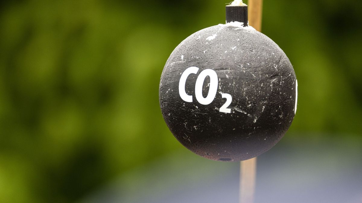 An einem Stab hängt vor Beginn einer Demonstration in Sachsen symbolisch eine «CO2-Bombe». - Foto: Frank Hammerschmidt/dpa