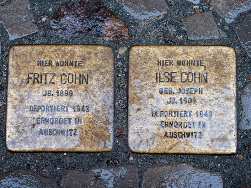 Stolpersteine mit den Namen Fritz Cohn und Ilse Cohn, verlegt in Stralsund. - Foto: Stefan Sauer/dpa