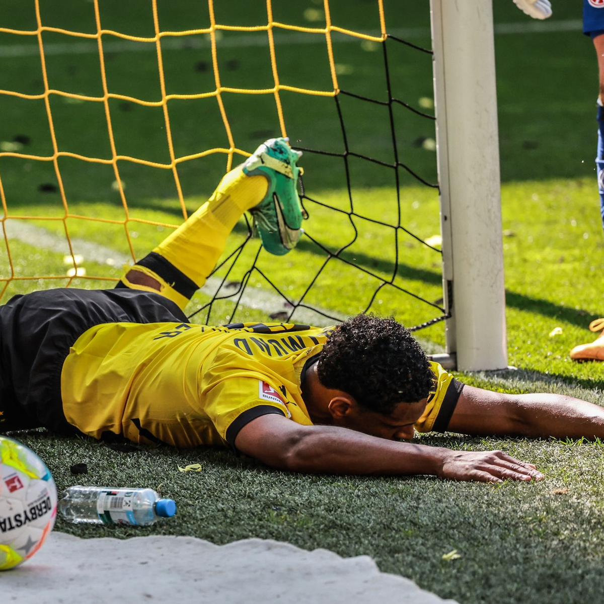 Ein Bild mit Symbolcharakter: Sébastien Haller und der BVB liegen nach der verspielten Meisterschaft am Boden. - Foto: Christian Charisius/dpa