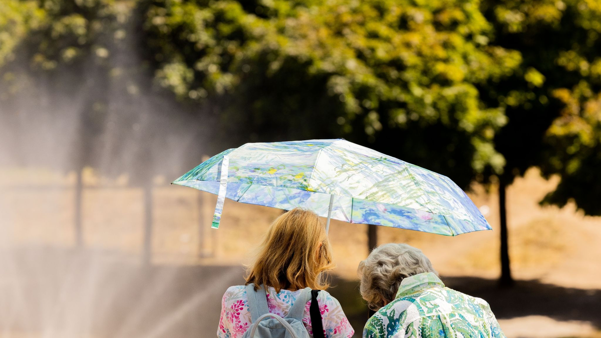 Zwei Frauen schützen mit einem Regenschirm vor der Sonne. - Foto: Rolf Vennenbernd/dpa