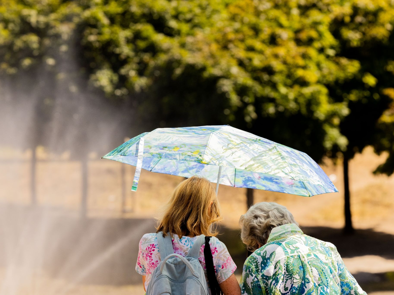 Zwei Frauen schützen mit einem Regenschirm vor der Sonne. - Foto: Rolf Vennenbernd/dpa