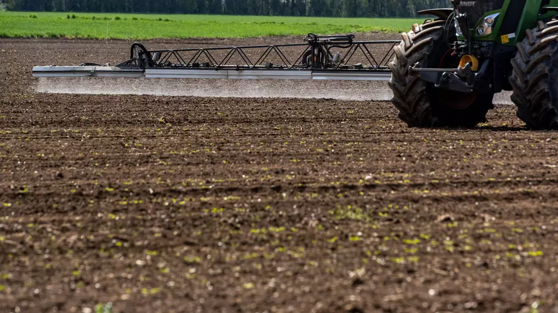 Ein Traktor bringt auf einem Acker Pflanzenschutzmittel aus. - Bild: Armin Weigel/dpa