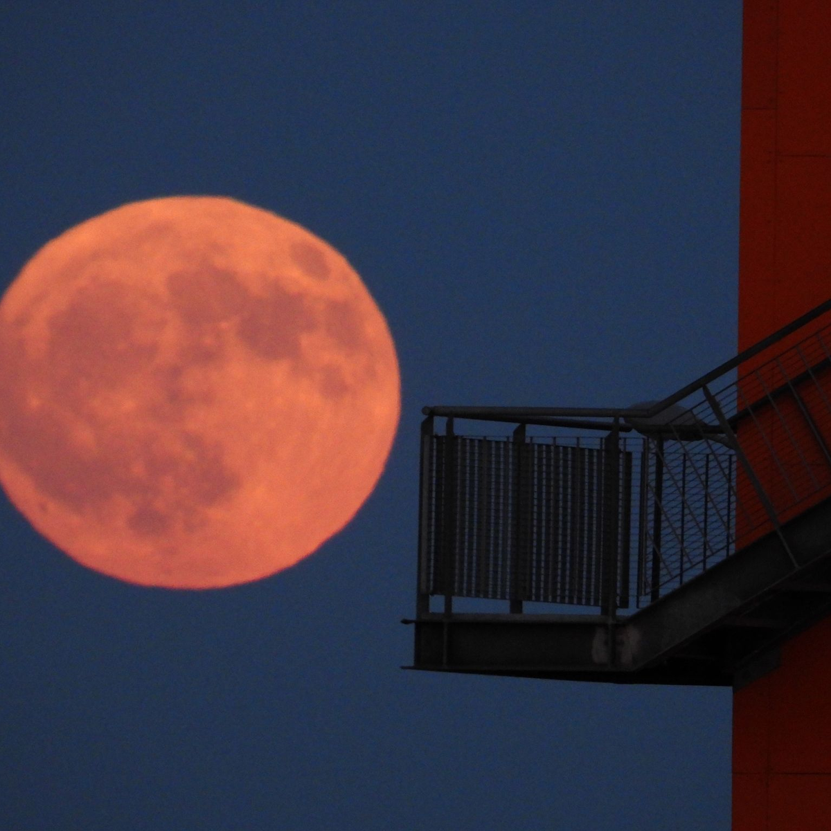 Dr sogenannte Erdbeermond über der Hafencity in Hamburg. - Foto: -/Citynewstv/dpa