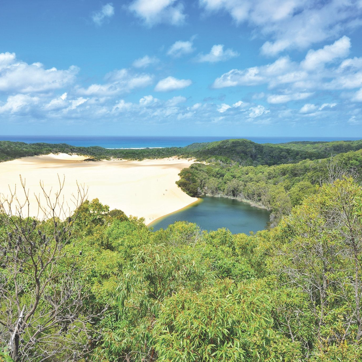 Blick über K'gari: Die weltgrößte Sandinsel vor der Küste von Queensland trägt nun auch offiziell wieder ihren ursprünglichen Namen. - Foto: Reichlyn Aguilar/AAP/dpa