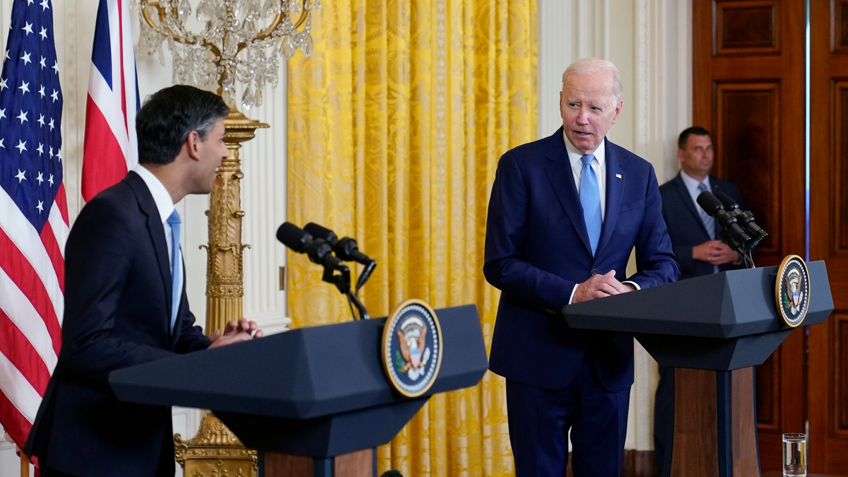 US-Präsident Joe Biden (r) und Premier Rishi Sunak bei ihrer Pressekonferenz im Weißen Haus. - Foto: Susan Walsh/AP/dpa