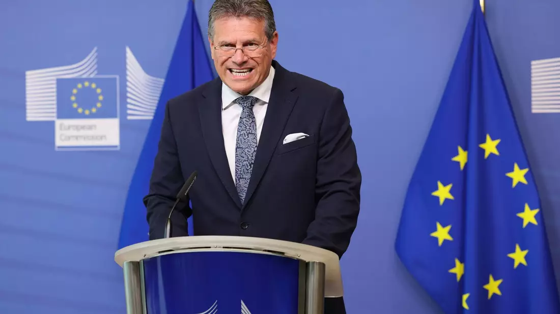 Maros Sefcovic, EU-Kommissar für interinstitutionelle Beziehungen und Zukunftsforschung, freut sich über die Ergebnisse der ersten gemeinsamen EU-Ausschreibung für den Gaseinkauf. - Bild: Geert Vanden Wijngaert/AP/dpa