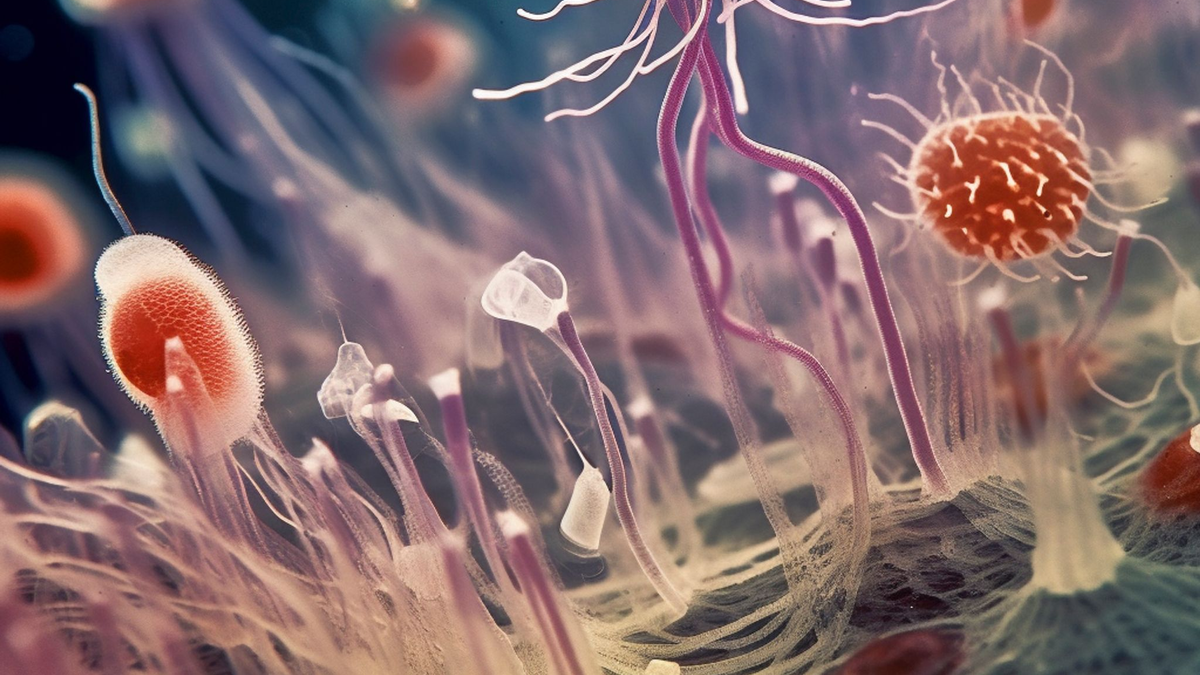 Nicht Tier, nicht Pflanze wie wir sie heute kennen: Die künstlerische Darstellung einer Ansammlung ursprünglicher eukaryotischer Organismen der «Protosterol Biota», die eine mikrobielle Matte auf dem Meeresboden besiedeln. - Foto: Orchestrated in MidJourney by TA 2023/dpa