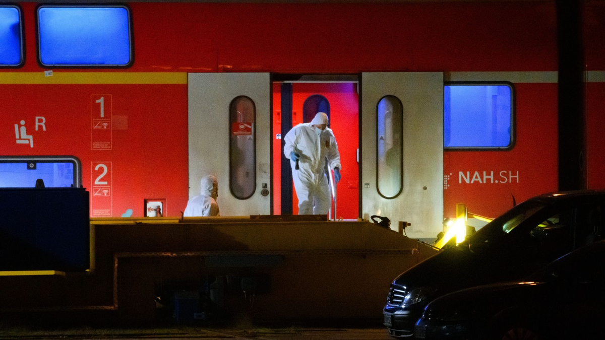 Ermittler arbeiten in dem Regionalzug, in dem sich die Messerattacke ereignet hatte. Der Palästinenser Ibrahim A. soll am 25. Januar in dem Zug von Kiel nach Hamburg bei Brokstedt Fahrgäste mit einem Messer angegriffen und zwei im Alter von 17 und 19 Jahren getötet haben. - Foto: Jonas Walzberg/dpa