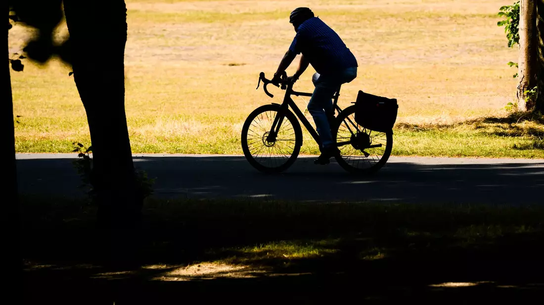 Kein Regen: Ein Radfahrer fährt vorbei an einer sehr trockenen Wiese in Hannover. - Bild: Julian Stratenschulte/dpa