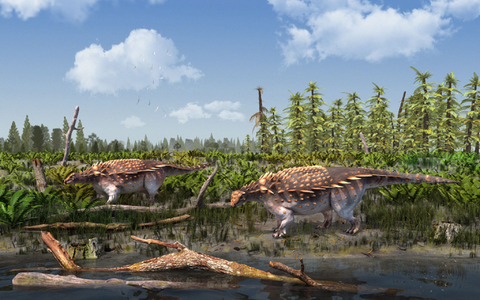 Eine Illustration der Vectipelta barretti. Laut Forschenden könnten sich die Dinos in der frühen Kreidezeit vor rund 140 Millionen Jahren frei von Asien nach Europa bewegt haben. - Foto: Stuart Pond/dpa