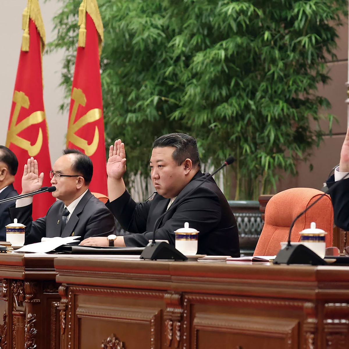 Dieses von der nordkoreanischen Regierung zur Verfügung gestelltes Foto zeigt Nordkoreas Machthaber Kim Jong Un (M) bei einer Plenarsitzung des Zentralkomitees in Pjöngjang. Der Inhalt kann nicht unabhängig überprüft werden. - Foto: Uncredited/KCNA via KNS/AP/dpa