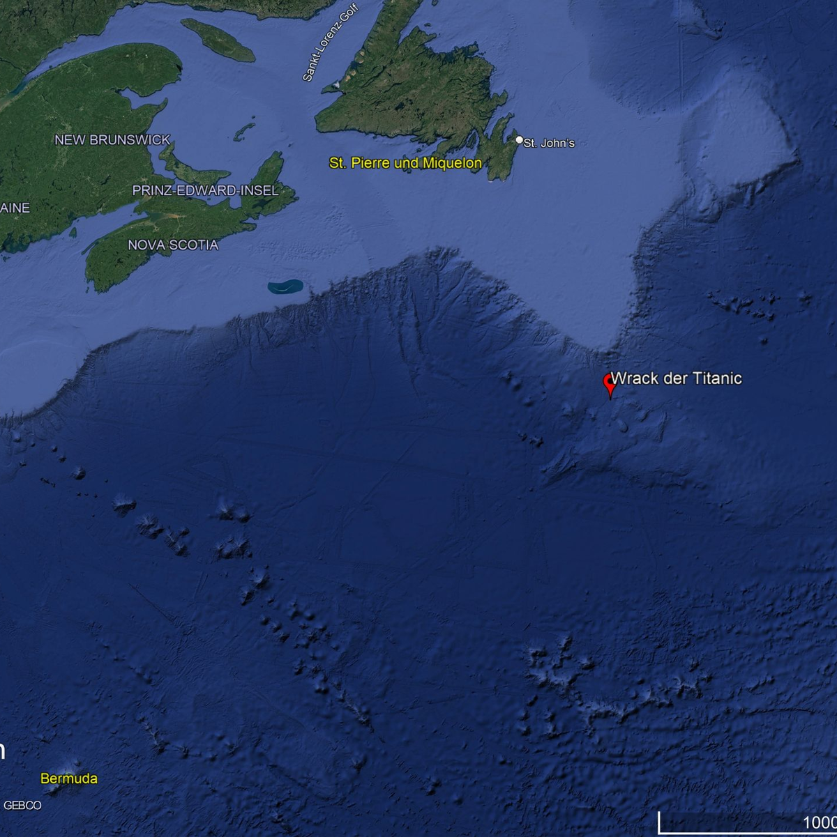 Hier liegt das Wrack der «Titanic» im Atlantik. - Foto: Google/dpa
