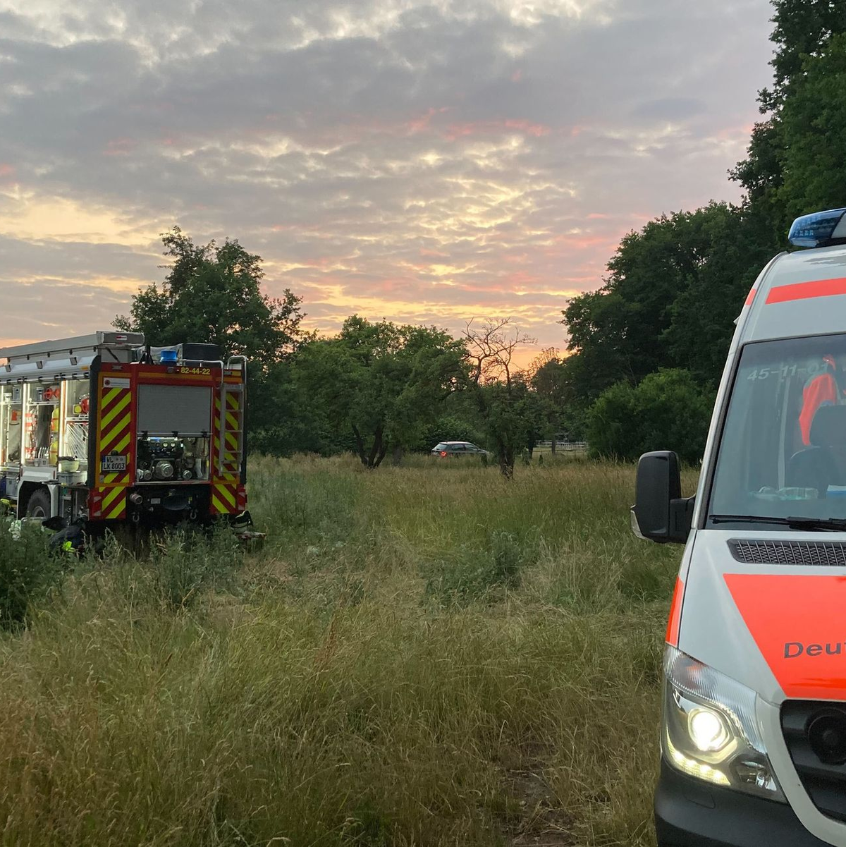 Fahrzeuge von Feuerwehr und Deutsches Rotes Kreuz stehen an einer Wiese. - Foto: Christiane Bosch/dpa