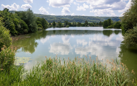Einzelne Wolken ziehen über einen Badesee hinweg. - Foto: Christoph Schmidt/dpa