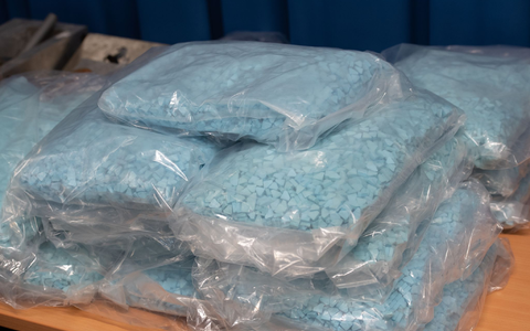 Zahlreiche Tüten mit Ecstasy-Tabletten werden bei einem Pressegespräch des Zollfahndungsamtes Berlin-Brandenburg präsentiert. - Foto: Paul Zinken/dpa