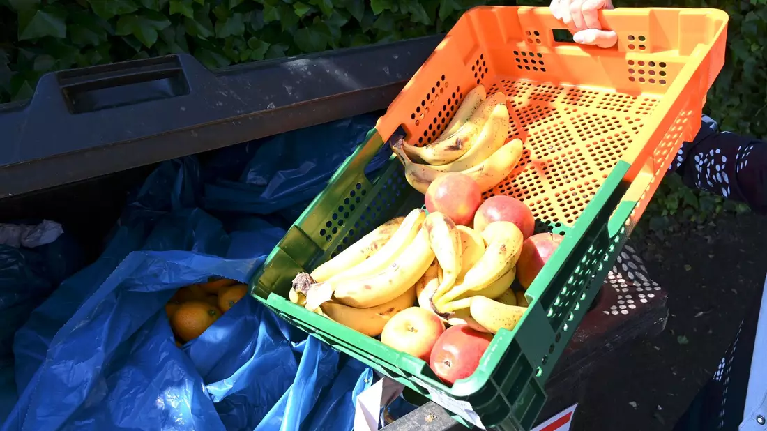 Ein Mitarbeiter eines Supermarktes bringt Obst zu einem Müllcontainer. - Bild: Carmen Jaspersen/dpa