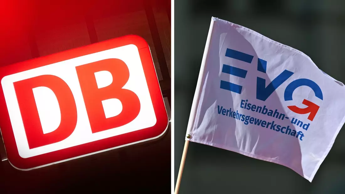Das Logo der Deutschen Bahn (l) und eine Fahne der Gewerkschaft EVG. Das Schlichtungsverfahren im Tarifkonflikt bei der Deutschen Bahn beginnt am 17. Juli 2023. - Bild: Martin Schutt/Sebastian Gollnow/dpa