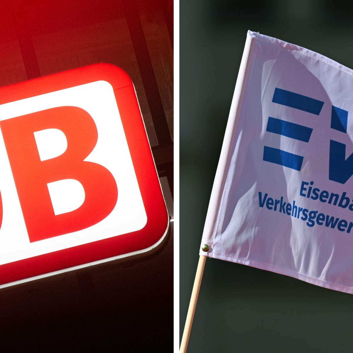 Das Logo der Deutschen Bahn (l) und eine Fahne der Gewerkschaft EVG. Das Schlichtungsverfahren im Tarifkonflikt bei der Deutschen Bahn beginnt am 17. Juli 2023. - Foto: Martin Schutt/Sebastian Gollnow/dpa