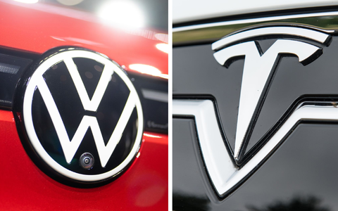 VW verdoppelt E-Auto-Auslieferungen, Tesla halbiert sie. - Foto: Ronald Bonß;Patrick Seeger/dpa