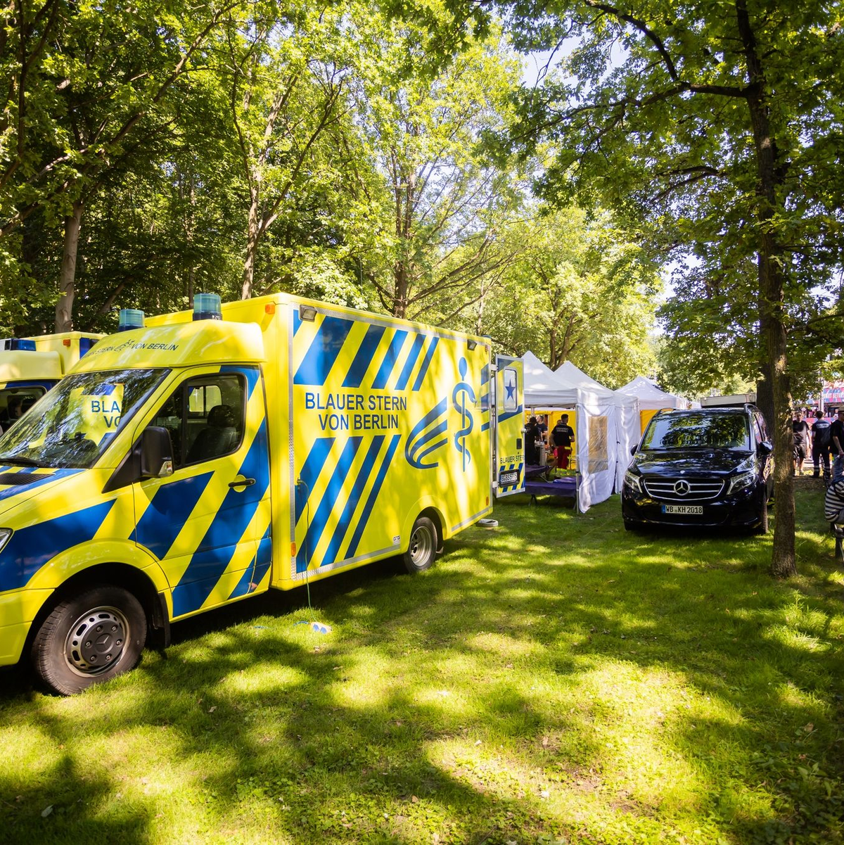 Fahrzeuge eines Sanitätsdienst stehen am Rande der Technoparade im Tiergarten. - Foto: Christoph Soeder/dpa