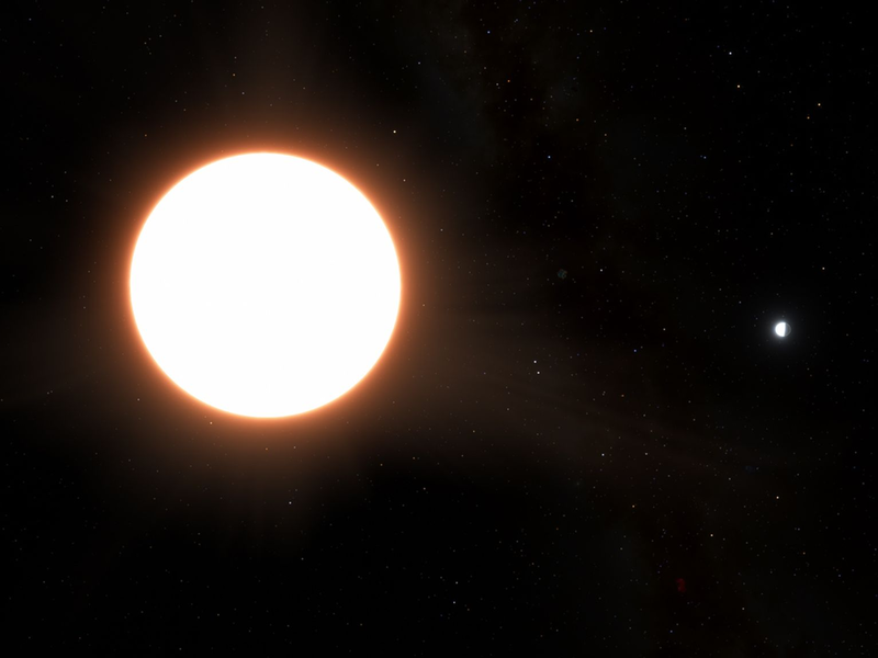 Die grafische Darstellung zeigt, wie der Exoplanet LTT9779b (rechts) um seinen Heimatstern kreist. - Foto: Ricardo Ramírez Reyes/Universidad de Chile/dpa