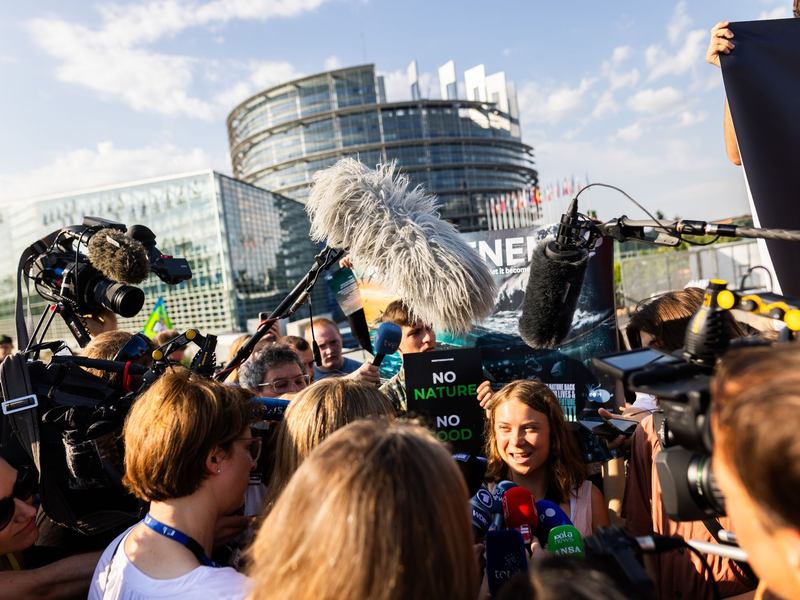 Mittendrin: Klimaaktivistin Greta Thunberg (M.) setzt sich in Straßburg für das EU-Naturschutzgesetz ein. - Foto: Philipp von Ditfurth/dpa