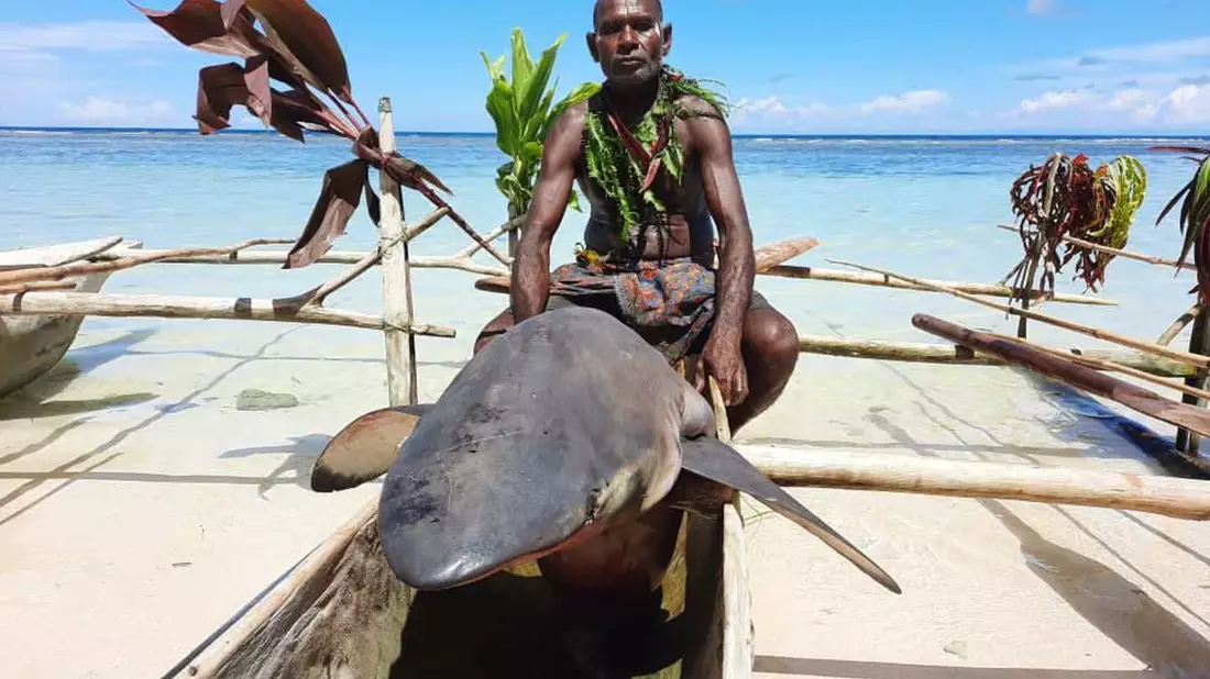 Ein Mann sitzt beim «Shark Calling Festival» in einem Boot. Auf der Insel vor Papua-Neuguinea rufen Einheimische gefährliche Haie mit Liedern und Rasseln. - Bild: Christina Steiner/Godfree Abage/Shark Calling Festival/dpa