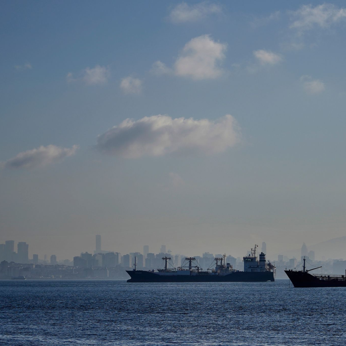 Frachtschiffe warten auf die Durchfahrt durch die Bosporusstraße. - Foto: Khalil Hamra/AP/dpa