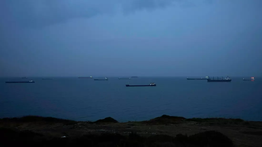 Im Schwarzen Meer ankernde Frachtschiffe. Moskau droht, Frachtschiffe als Gegner einzustufen. - Bild: Khalil Hamra/AP/dpa