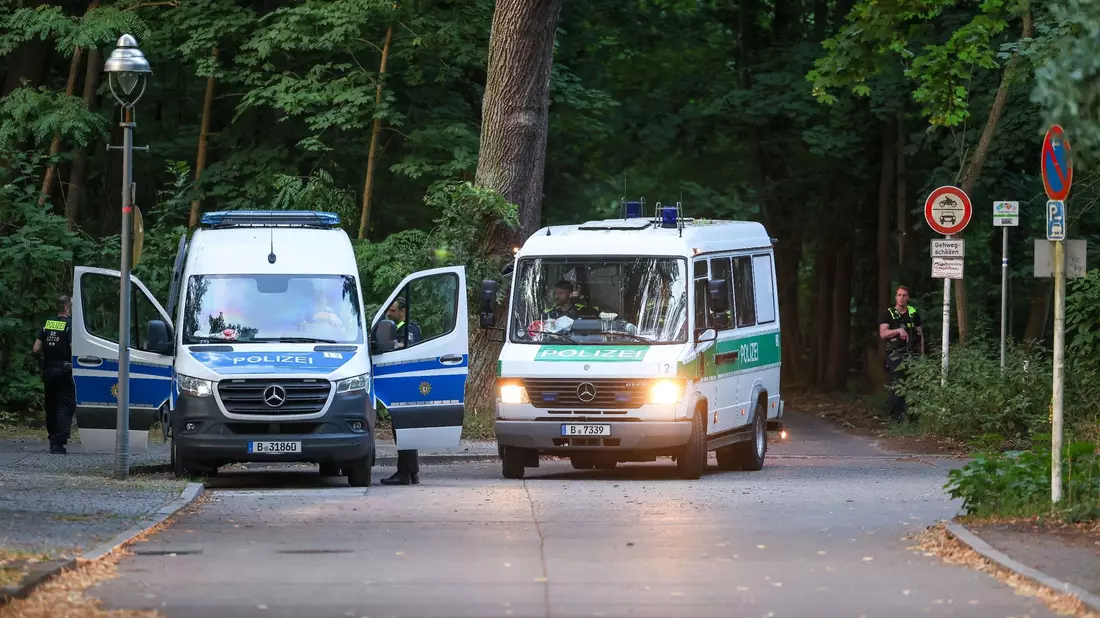 Polizeiautos fahren aus dem Wald in dem sich die Raubkatze befinden soll. - Bild: Gerald Matzka/dpa