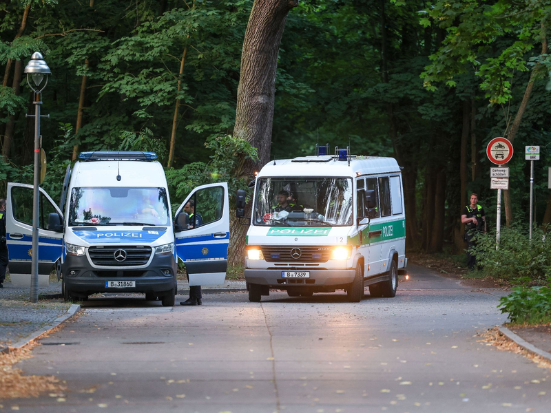 Polizeiautos fahren aus dem Wald in dem sich die Raubkatze befinden soll. - Foto: Gerald Matzka/dpa