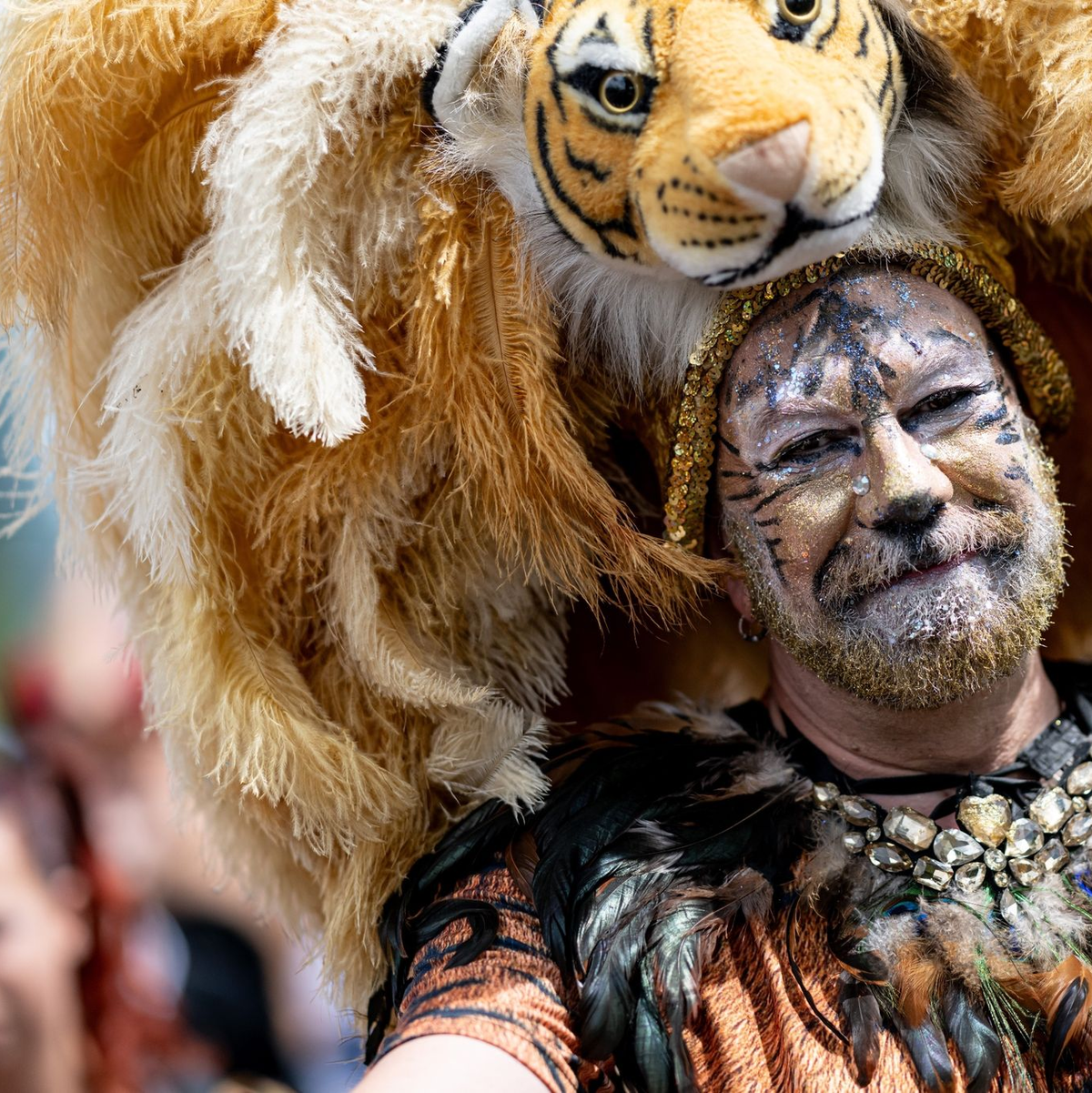 Mann als Tiger: Viele Teilnehmer haben sich die Mühe gemacht, sich besonders ausgefallene und farbenfrohe Kostüme für die Parade zurechtzumachen. - Foto: Fabian Sommer/dpa