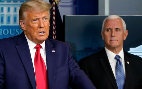 Der damalige US-Präsident Donald Trump gibt ein Pressestatement im Weißen Haus ab, im Hintergrund sein Vize Mike Pence. - Foto: Susan Walsh/AP/dpa