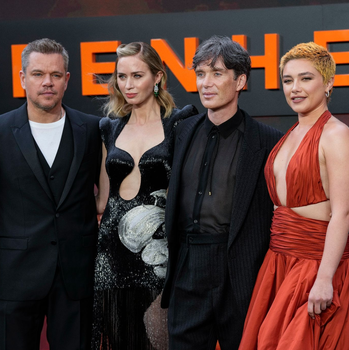 Matt Damon (l-r), Emily Blunt, Cillian Murphy und Florence Pugh bei der «Oppenheimer»-Premiere in London. - Foto: Scott Garfitt/Invision/AP/dpa