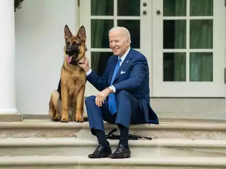 US-Präsident Joe Biden sitzt mit seinem Hund auf den Stufen vor dem Weißen Haus. - Foto: President Joe Biden/APA Images via ZUMA Press Wire/dpa