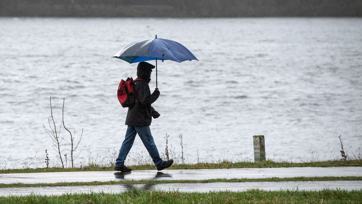 Spaziergänger mit Regenschirm am Ufer des Kemnader Sees in Bochum. - Foto: Bernd Thissen/dpa