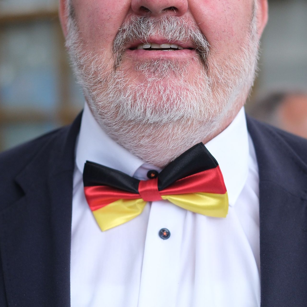 Ein Delegierter der AfD- Europawahlversammlung trägt eine Fliege in den deutschen Nationalfarben schwarz-rot-gold. - Foto: Sebastian Willnow/dpa