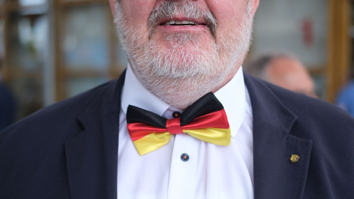 Ein Delegierter der AfD- Europawahlversammlung trägt eine Fliege in den deutschen Nationalfarben schwarz-rot-gold. - Foto: Sebastian Willnow/dpa