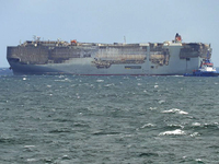 Der Frachter «Fremantle Highway» an seinem neuen vorläufigen Ankerplatz. - Foto: Flugzeug der Küstenwache/Küstenwache der Niederlande/dpa