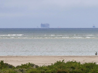 Der Autofrachter «Fremantle Highway» ist vom Strand der niederländischen Insel Schiermonnikoog aus am Horizont zu sehen. - Foto: Anton Kappers/vifogra/dpa