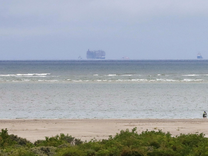 Der Autofrachter «Fremantle Highway» ist vom Strand der niederländischen Insel Schiermonnikoog aus am Horizont zu sehen. - Foto: Anton Kappers/vifogra/dpa