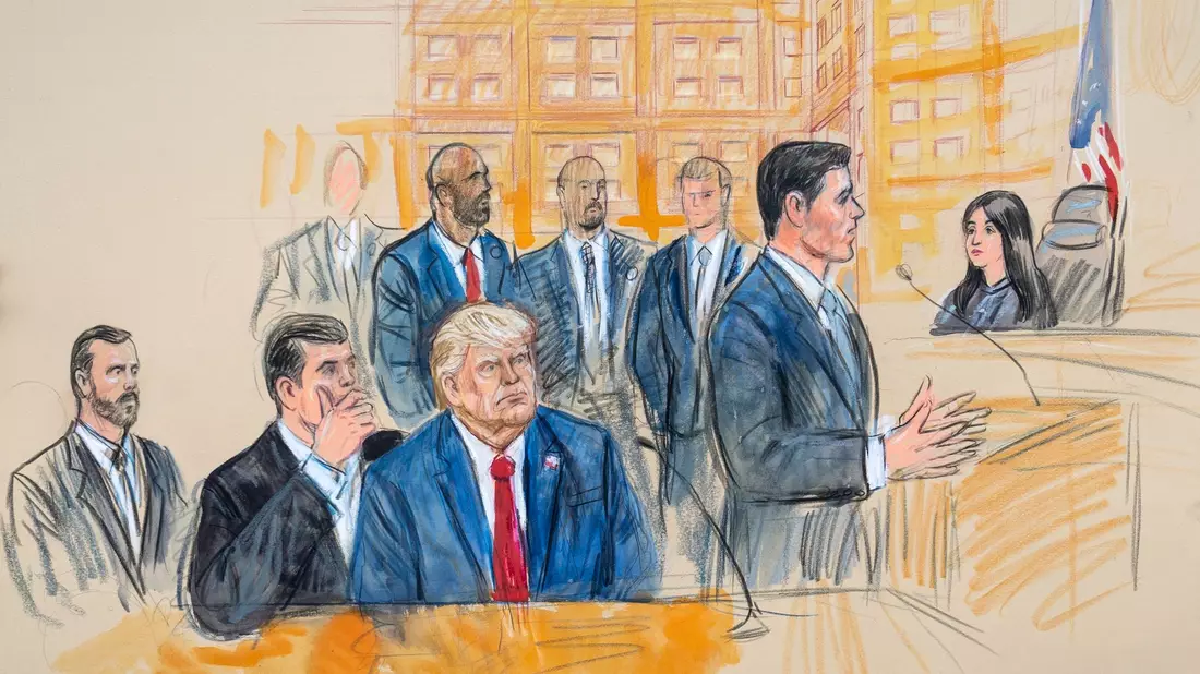 Die Gerichtszeichnung zeigt den ehemaligen US-Präsidenten Donald Trump (M), der sich vor dem Bundesgericht in Washington mit seinem Verteidiger Todd Blanche (l) berät. - Bild: Dana Verkouteren/AP/dpa