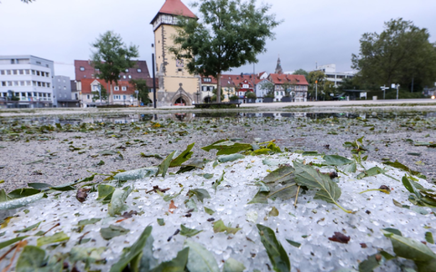 Hagelkörner und vom Sturm abgerissene Blätter liegen in Reutlingen auf dem Boden. - Foto: Thomas Warnack/dpa