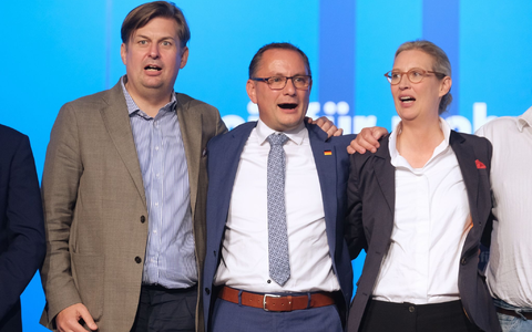 Maximilian Krah, Tino Chrupalla und Alice Weidel von der AfD. - Foto: Sebastian Willnow/dpa
