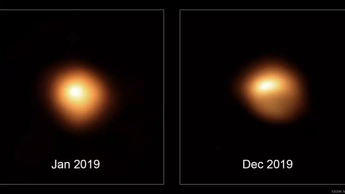 Die beiden Bilder, die mit dem Very Large Telescope der Europäischen Südsternwarte aufgenommen wurden, zeigen, wie die Oberfläche des Sterns Anfang und Ende 2019 aussah. - Bild: ESO, M. Montargès et al./dpa