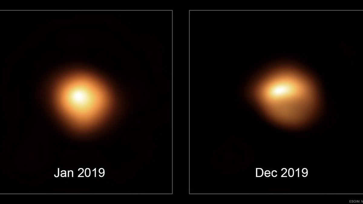 Die beiden Bilder, die mit dem Very Large Telescope der Europäischen Südsternwarte aufgenommen wurden, zeigen, wie die Oberfläche des Sterns Anfang und Ende 2019 aussah. - Foto: ESO, M. Montargès et al./dpa